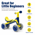 FUPOJH 4-Wheel Toddler Balance Bike Ultra-Light Portable PP | 135° Anti-Tip Steering Limit | Silent EVA Tires | PU+EVA Comfort Seat Indoor Outdoor
