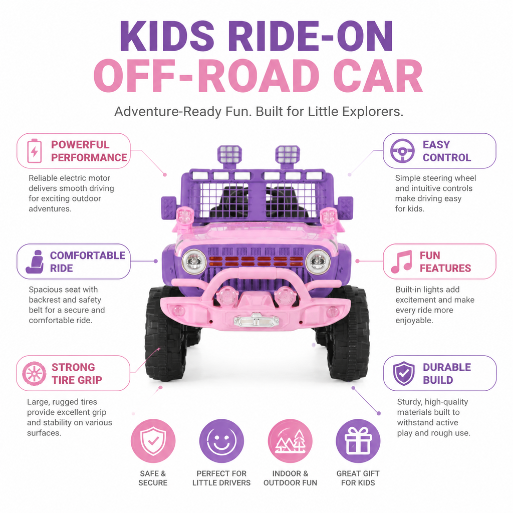 FUPOJH 12V Electric Jeep for Kids | 2.4G Parental Remote Dual Motor 4WD | Bluetooth Music 4-Wheel Suspension Seatbelt | Soft Start All-Terrain