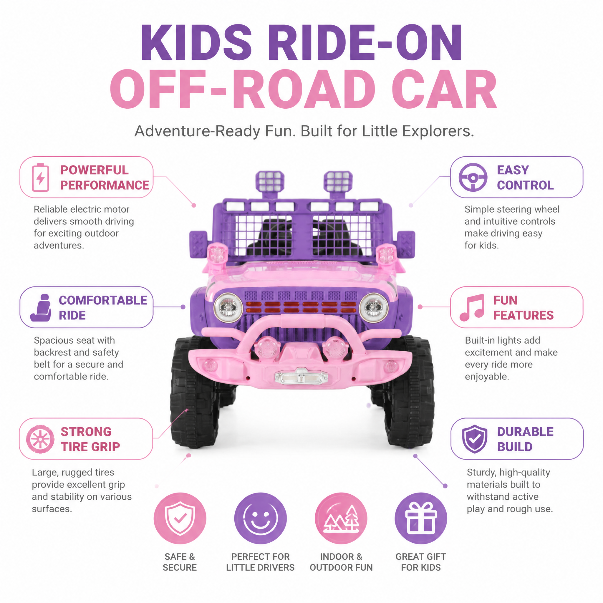 FUPOJH 12V Electric Jeep for Kids | 2.4G Parental Remote Dual Motor 4WD | Bluetooth Music 4-Wheel Suspension Seatbelt | Soft Start All-Terrain