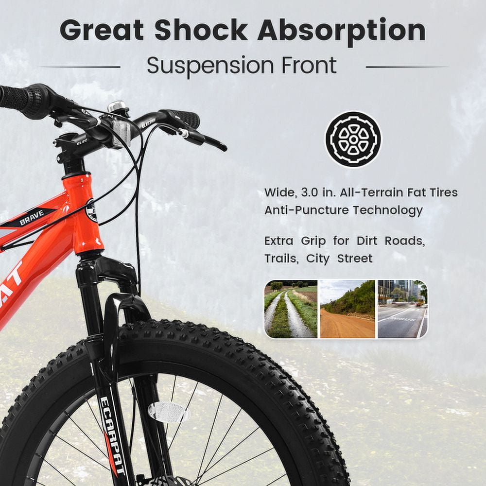 FUPOJH 24 Inch Fat Tire Mountain Bike,Shimano 7-Speed,Dual Disc Brakes,for Teens 8-14