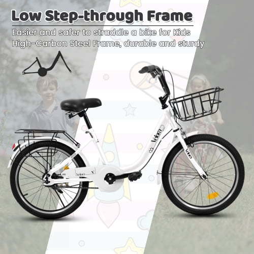 FUPOJH 20 Inch Kids Bike with Basket & Rear Rack, Unisex,Coaster & V-Brakes,Lightweight Steel Frame,Ages 8-12