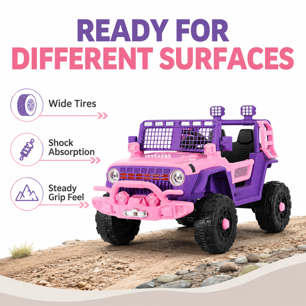 FUPOJH 12V Electric Jeep for Kids | 2.4G Parental Remote Dual Motor 4WD | Bluetooth Music 4-Wheel Suspension Seatbelt | Soft Start All-Terrain