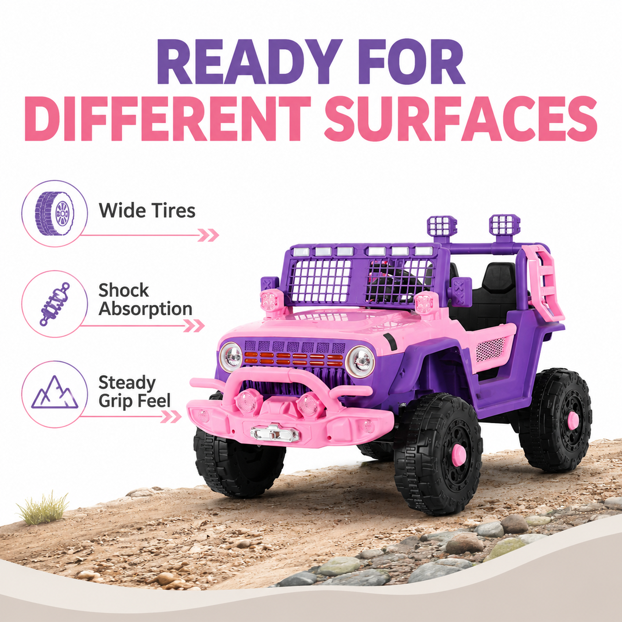 FUPOJH 12V Electric Jeep for Kids | 2.4G Parental Remote Dual Motor 4WD | Bluetooth Music 4-Wheel Suspension Seatbelt | Soft Start All-Terrain