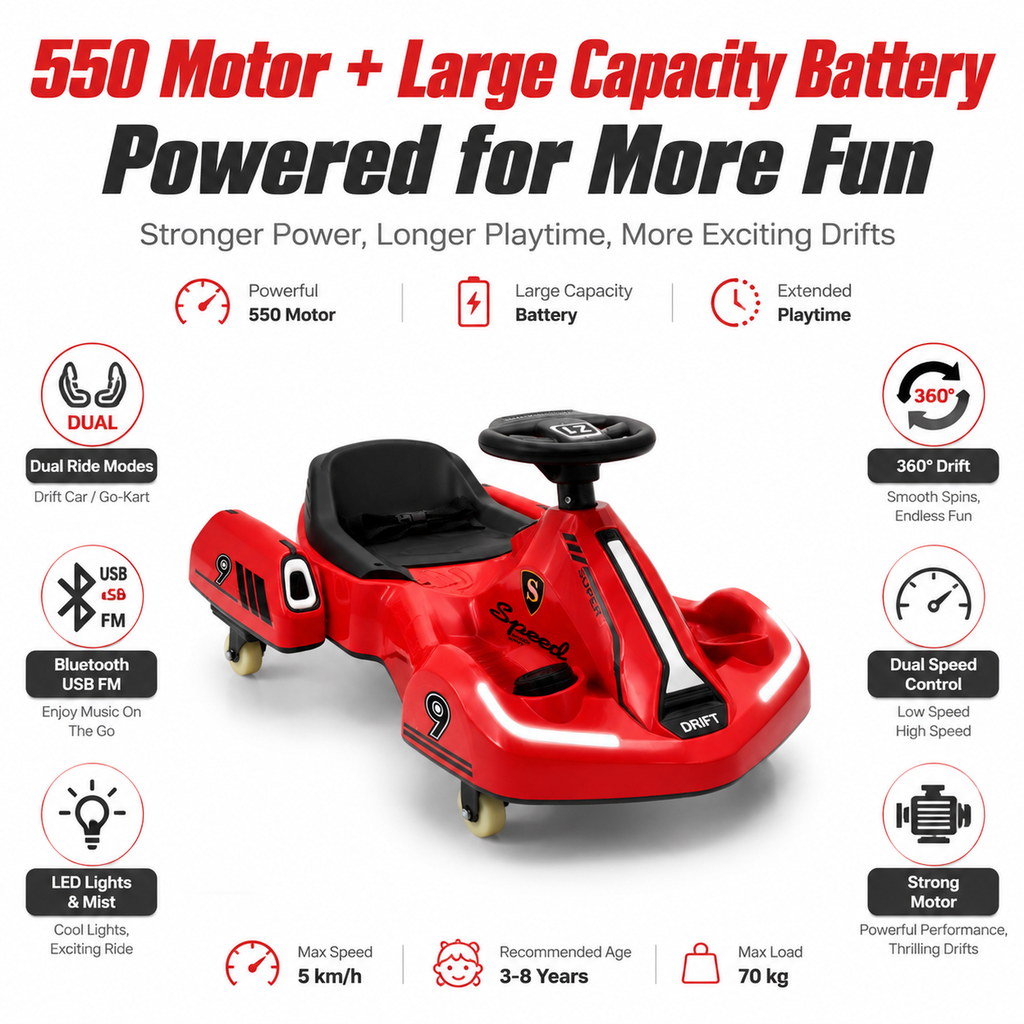 FUPOJH Electric Drift Car 12V 360° Spin | Dual Mode Electric + Manual Ride | Bluetooth Music Spray LED Light Wheels | 550 Motor Dual Speed Indoor Outdoor