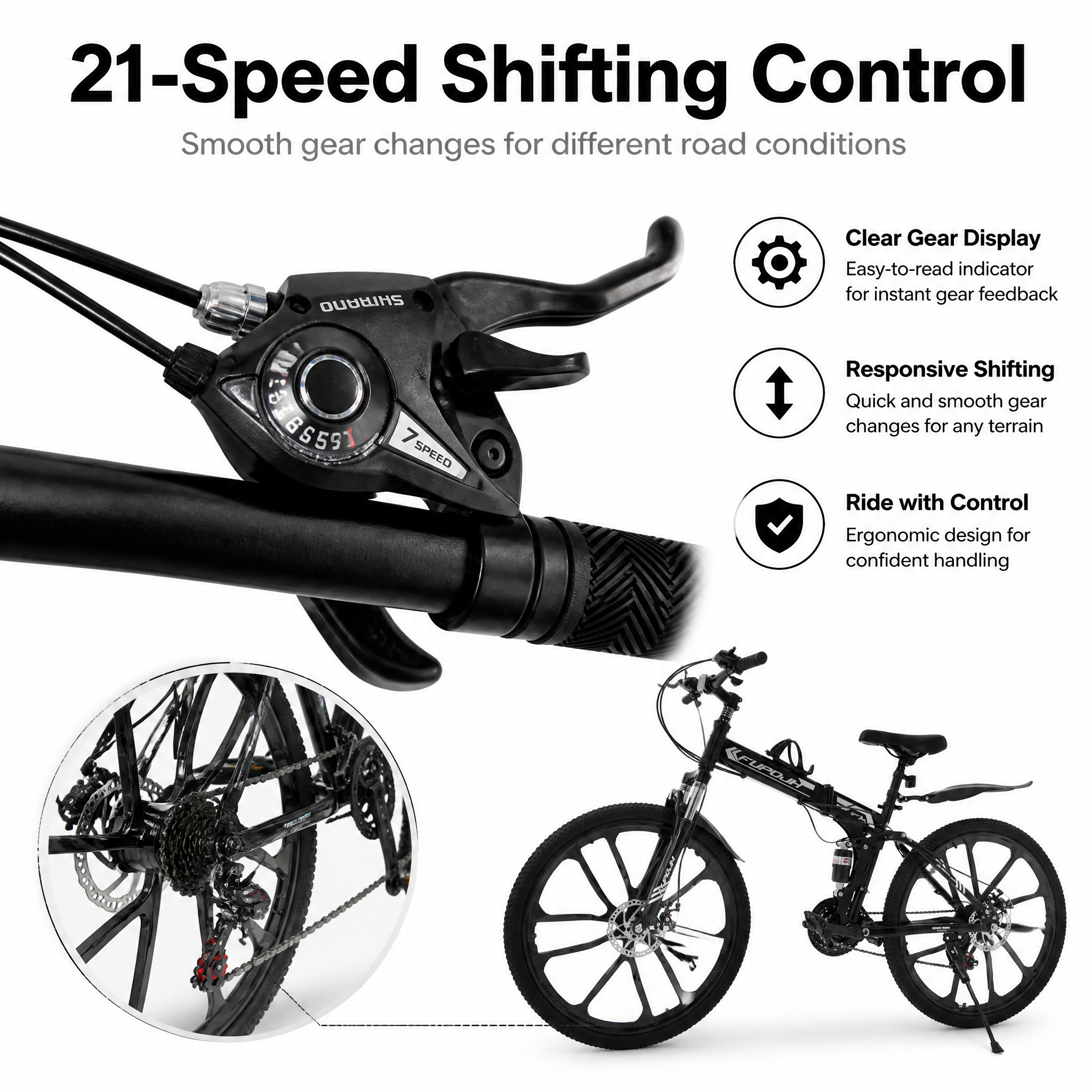 FUPOJH-801 26" Folding Bike 21-Speed Dual Disc Brake | 26 Inch Bike Foldable Bike for Adults Suspension | Outroad Mountain Bike Gravel Bike Bicycle for Adults Commute Off-Road