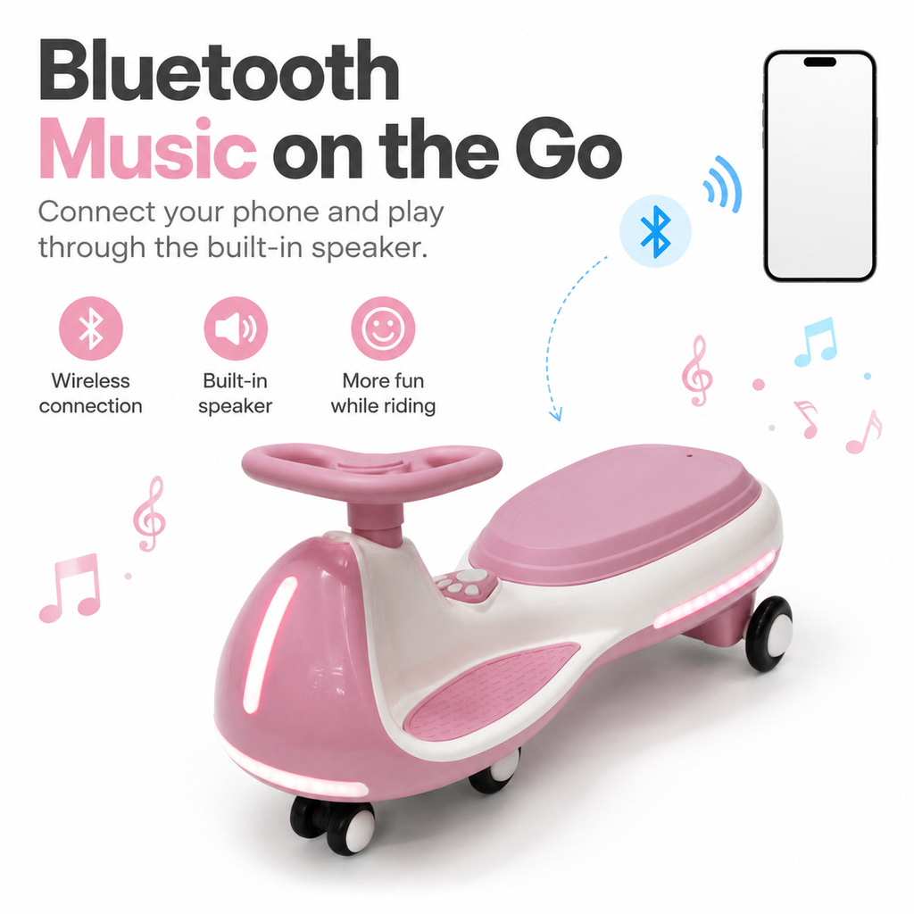 FUPOJH Electric Twist Car 12V for Kids | Dual Mode Electric + Manual Ride | Bluetooth Music Built-In Speaker LED Light Wheels | Soft Start Outdoor
