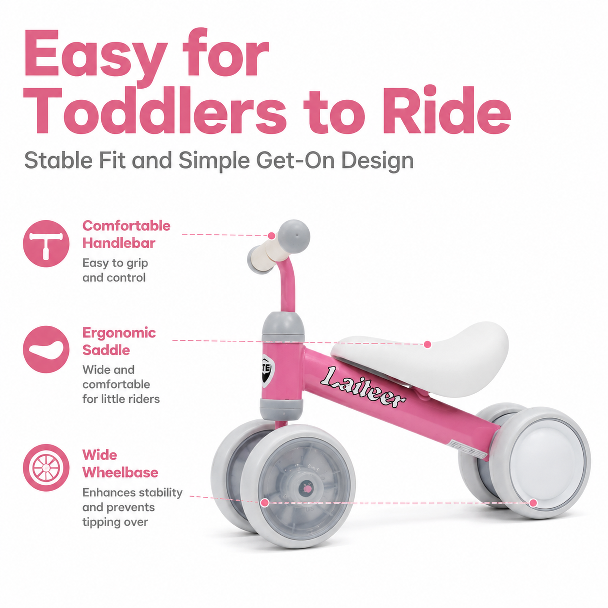 FUPOJH 4-Wheel Toddler Balance Bike with LED Light-Up Wheels | Thickened Steel Frame 135° Anti-Tip | PU+EVA Comfort Seat | Indoor Outdoor Riding