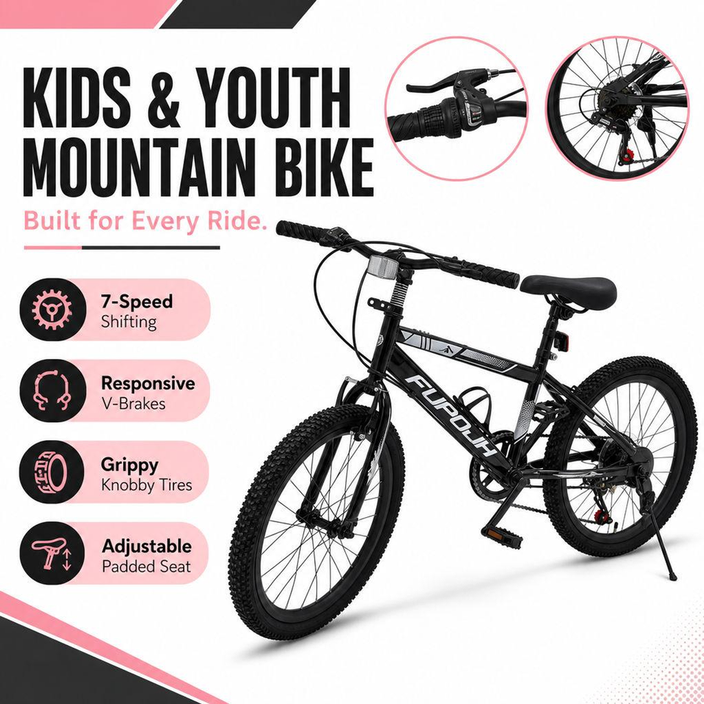 FUPOJH 20" Bike 7-Speed V-Brake | Mountain Bike 20 Inch Bike Anti-Slip Off-Road Tires | Bicycle for teenagers and adults Adjustable Seat All-Terrain Outdoor Riding