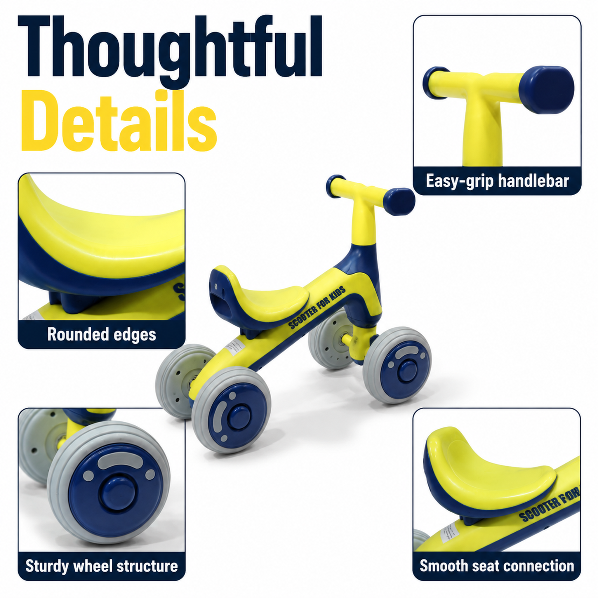 FUPOJH 4-Wheel Toddler Balance Bike Ultra-Light Portable PP | 135° Anti-Tip Steering Limit | Silent EVA Tires | PU+EVA Comfort Seat Indoor Outdoor