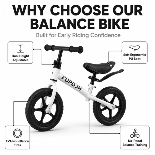 FUPOJH 12" Balance Bike for Toddlers | Adjustable Seat & Handlebar Tool-Free Design | EVA Silent Puncture-Proof Tires | Indoor Outdoor Balance Training