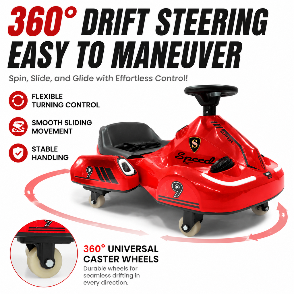 FUPOJH Electric Drift Car 12V 360° Spin | Dual Mode Electric + Manual Ride | Bluetooth Music Spray LED Light Wheels | 550 Motor Dual Speed Indoor Outdoor