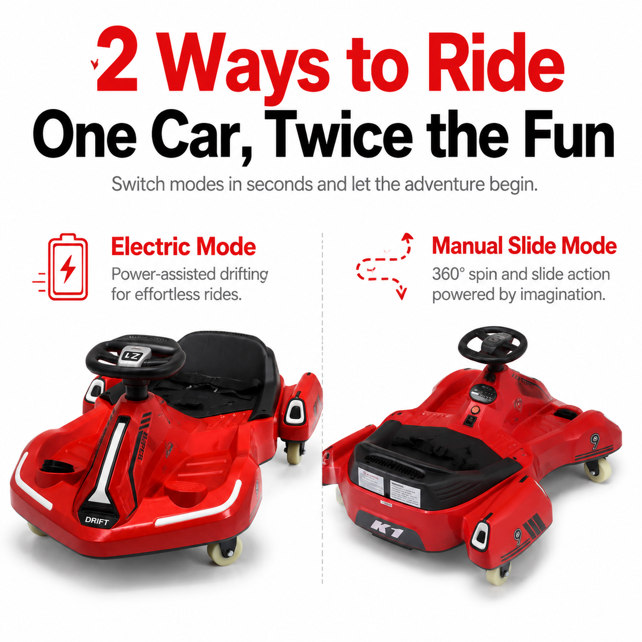 FUPOJH Electric Drift Car 12V 360° Spin | Dual Mode Electric + Manual Ride | Bluetooth Music Spray LED Light Wheels | 550 Motor Dual Speed Indoor Outdoor