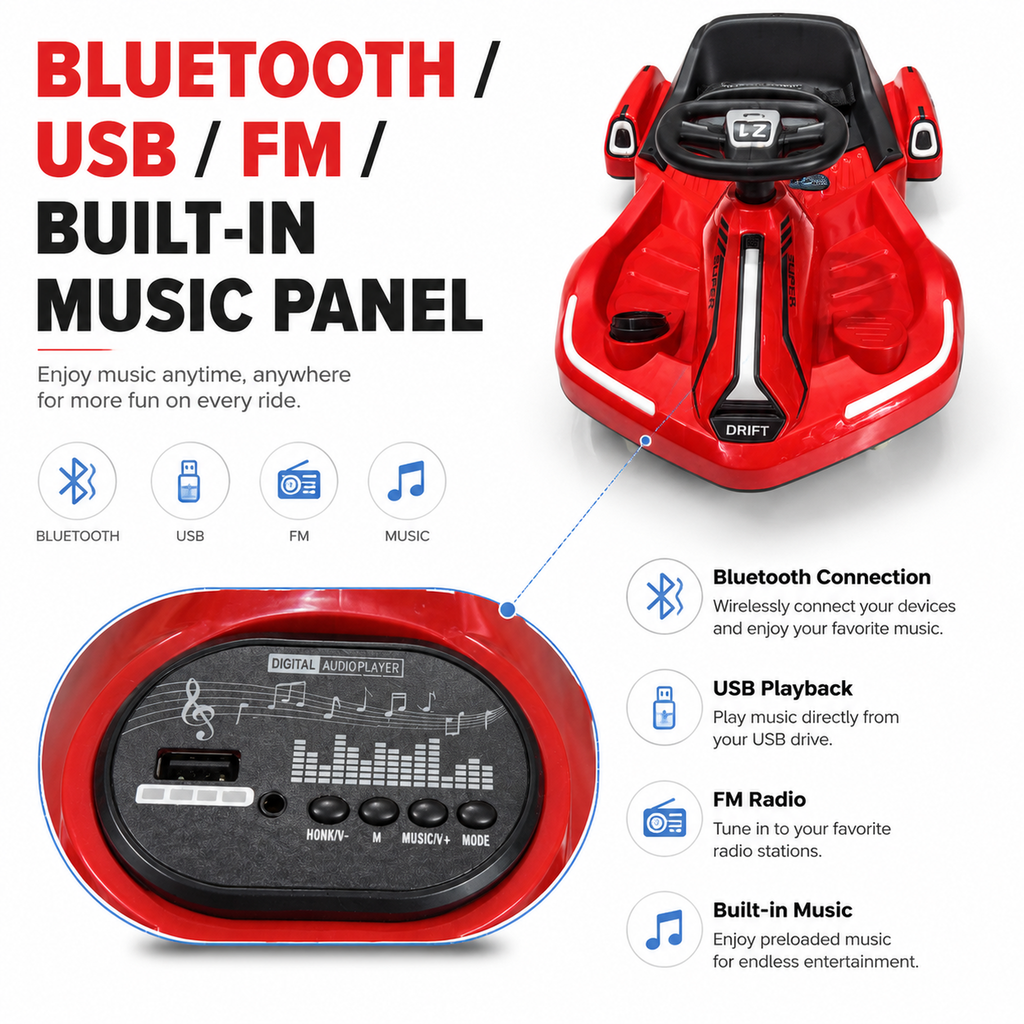 FUPOJH Electric Drift Car 12V 360° Spin | Dual Mode Electric + Manual Ride | Bluetooth Music Spray LED Light Wheels | 550 Motor Dual Speed Indoor Outdoor