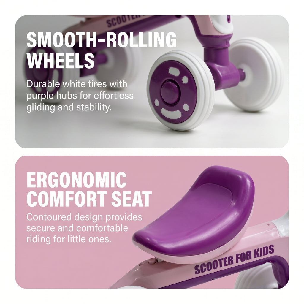 FUPOJH Purple Baby Balance Bike—12–24 months, unisex, no pedals, four-wheeled walker, made of plastic and EVA foam, quick assembly, promotes motor skill development, 1st birthday gift, summer outdoor toy