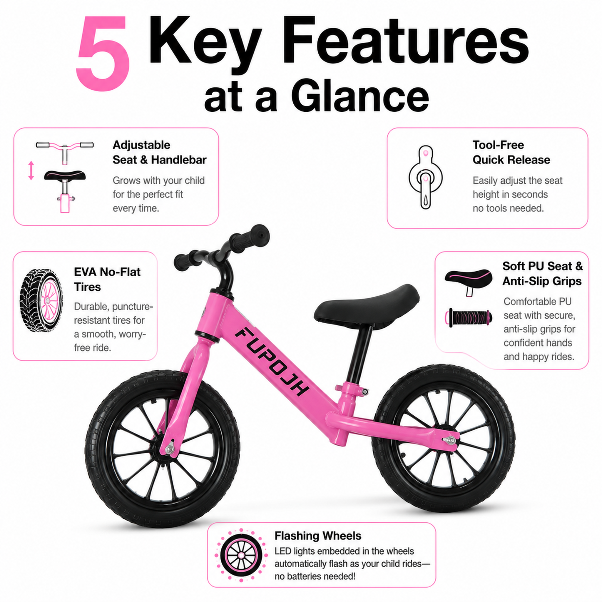 FUPOJH 12" Toddler Balance Bike with Light-Up Flash Wheels | Adjustable Seat & Handlebar Tool-Free | EVA Silent Tires Indoor Outdoor | Balance Training