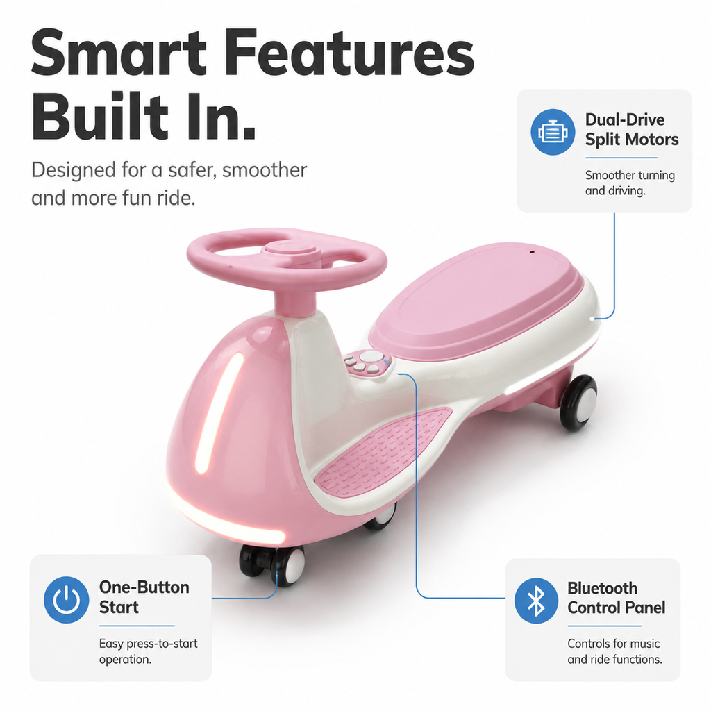 FUPOJH Electric Twist Car 12V for Kids | Dual Mode Electric + Manual Ride | Bluetooth Music Built-In Speaker LED Light Wheels | Soft Start Outdoor