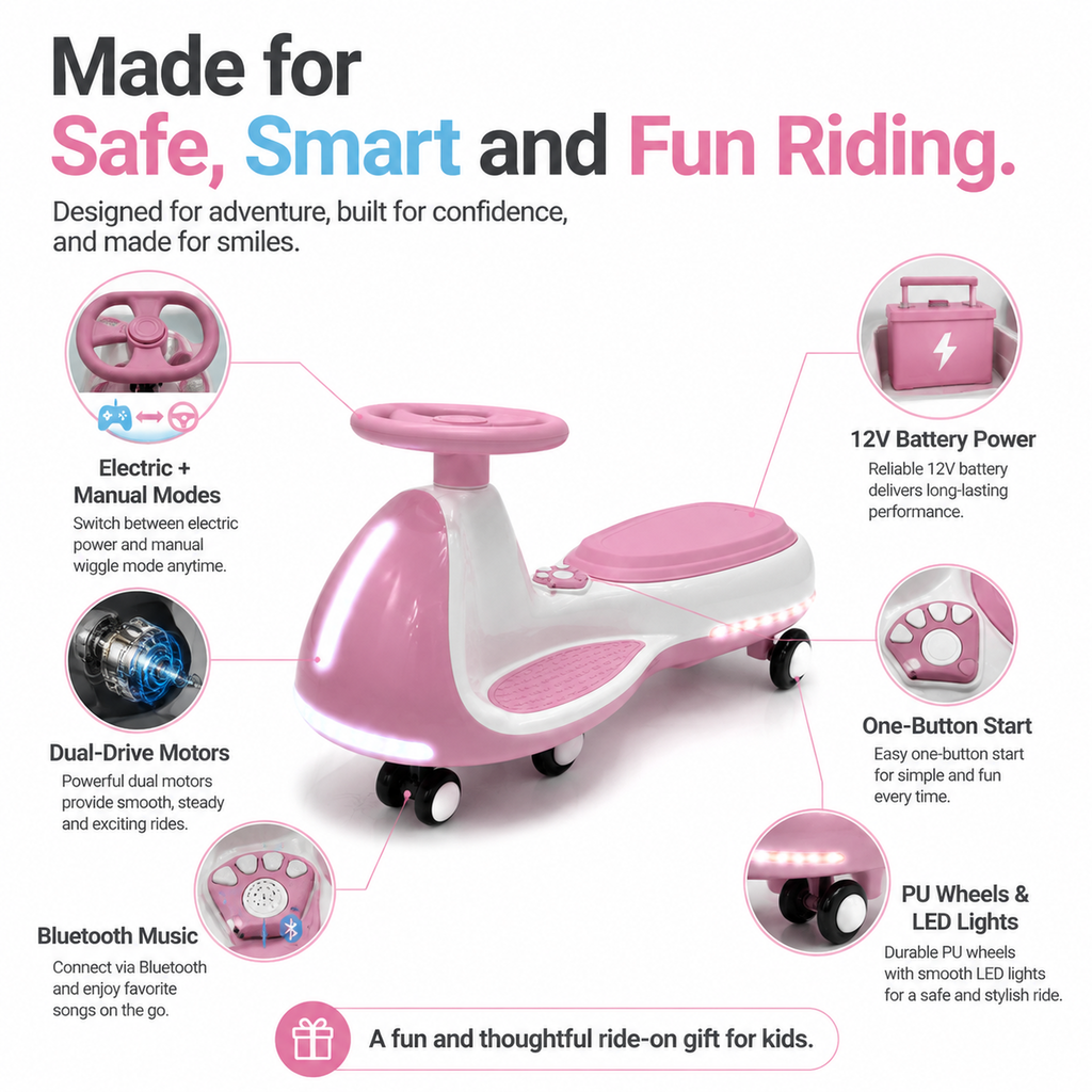 FUPOJH Electric Twist Car 12V for Kids | Dual Mode Electric + Manual Ride | Bluetooth Music Built-In Speaker LED Light Wheels | Soft Start Outdoor