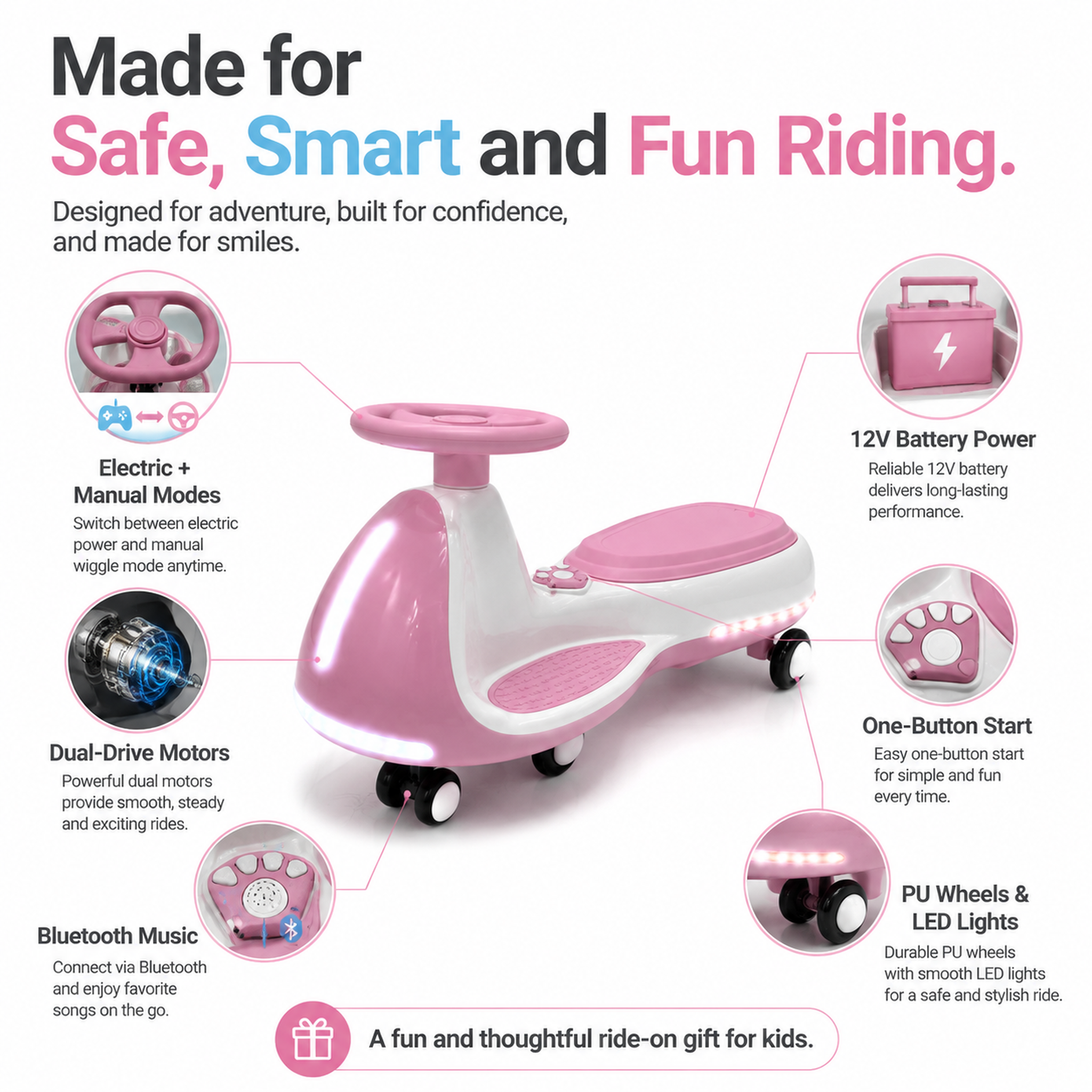 FUPOJH Electric Twist Car 12V for Kids | Dual Mode Electric + Manual Ride | Bluetooth Music Built-In Speaker LED Light Wheels | Soft Start Outdoor