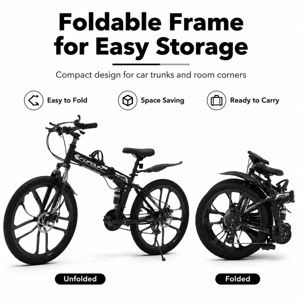 FUPOJH-801 26" Folding Bike 21-Speed Dual Disc Brake | 26 Inch Bike Foldable Bike for Adults Suspension | Outroad Mountain Bike Gravel Bike Bicycle for Adults Commute Off-Road
