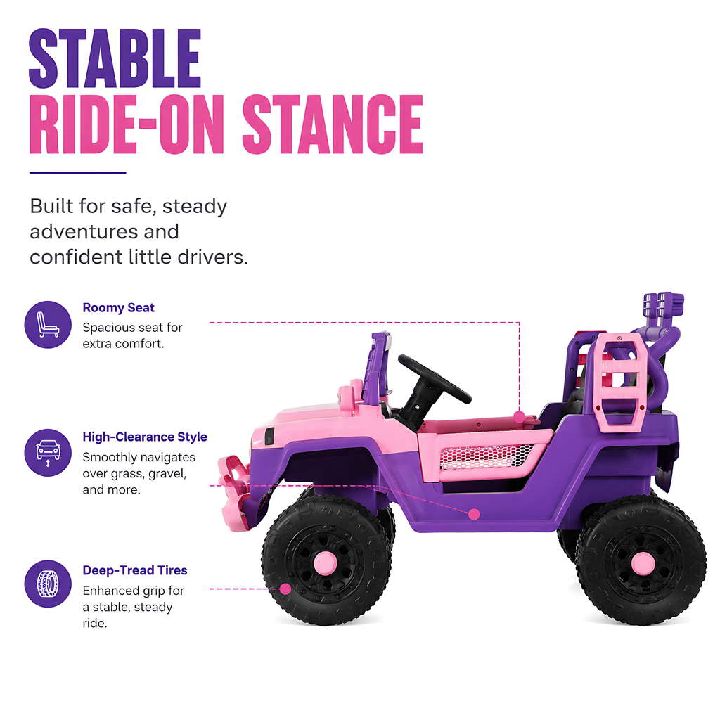 FUPOJH 12V Electric Jeep for Kids | 2.4G Parental Remote Dual Motor 4WD | Bluetooth Music 4-Wheel Suspension Seatbelt | Soft Start All-Terrain