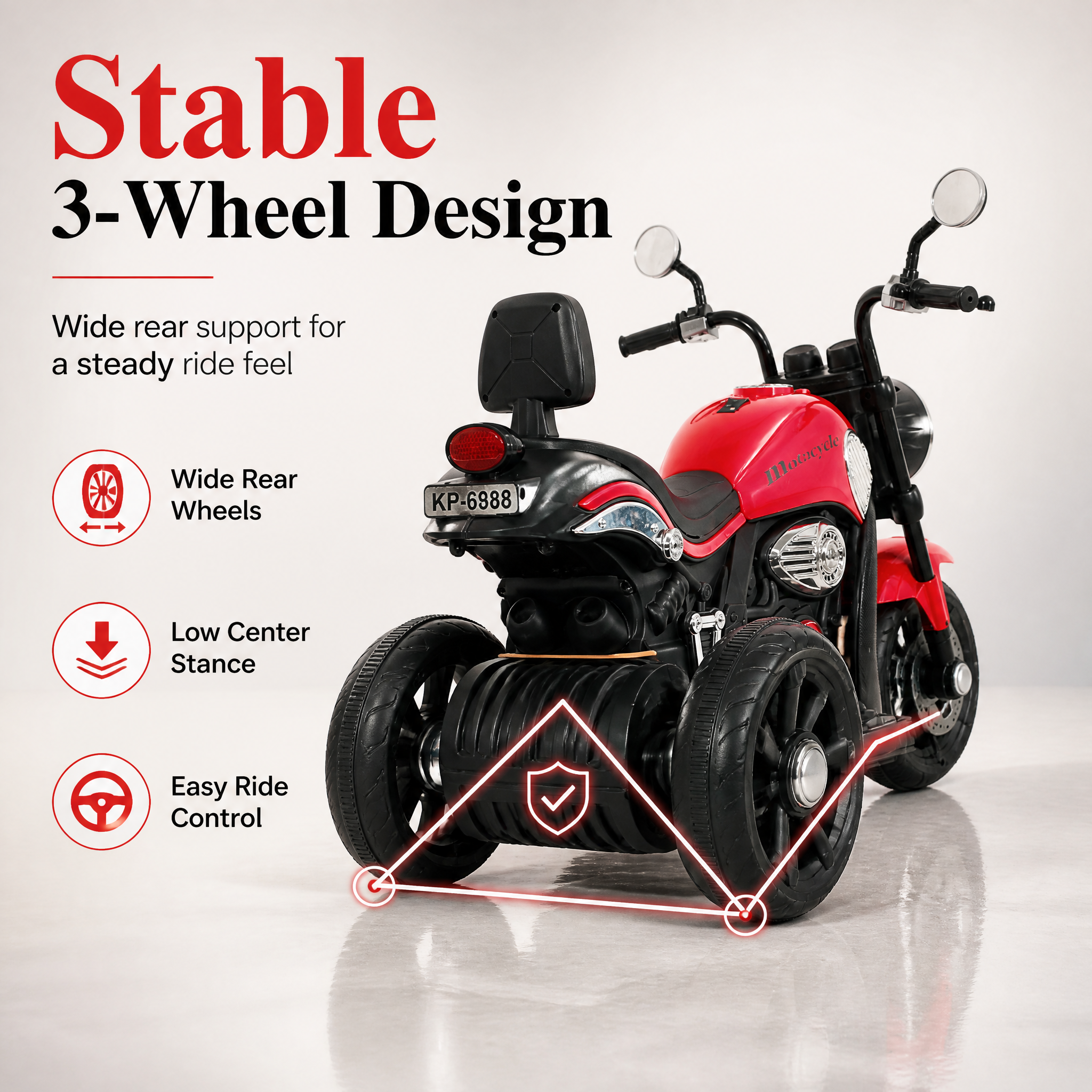 FUPOJH 12V Electric Motorcycle for Kids | 3-Wheel Anti-Tip Low Center Gravity | LED Headlights Horn Music Sound Effects | Pedal Control Outdoor Riding