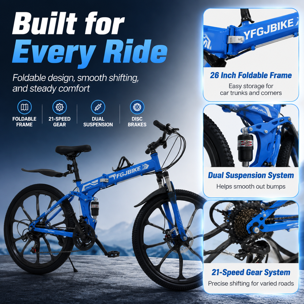 YFGJBIKE Folding Bike 26" | 26" Bike Mountain Bike 21-Speed | Full Suspension Mountain Bike Bicycle | 26 Inch Bike Folding Bikes for Adults