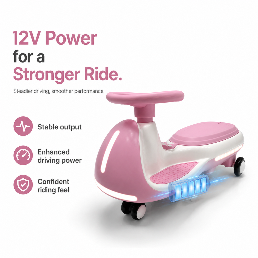 FUPOJH Electric Twist Car 12V for Kids | Dual Mode Electric + Manual Ride | Bluetooth Music Built-In Speaker LED Light Wheels | Soft Start Outdoor