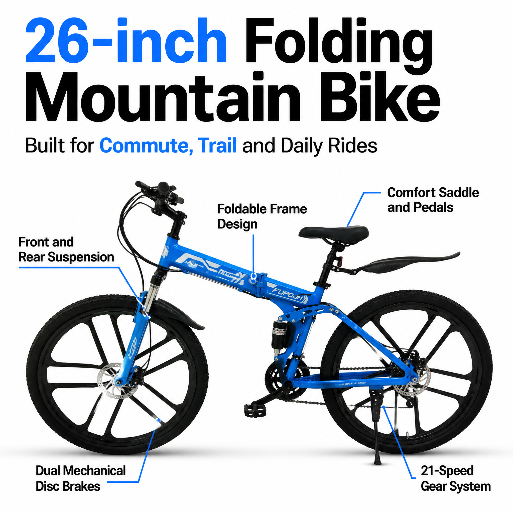 FUPOJH 26" Folding Bike 21-Speed Dual Disc Brake | 26 Inch Bike Foldable Bike for Adults Suspension | Outroad Mountain Bike Gravel Bike Bicycle for Adults Commute Off-Road