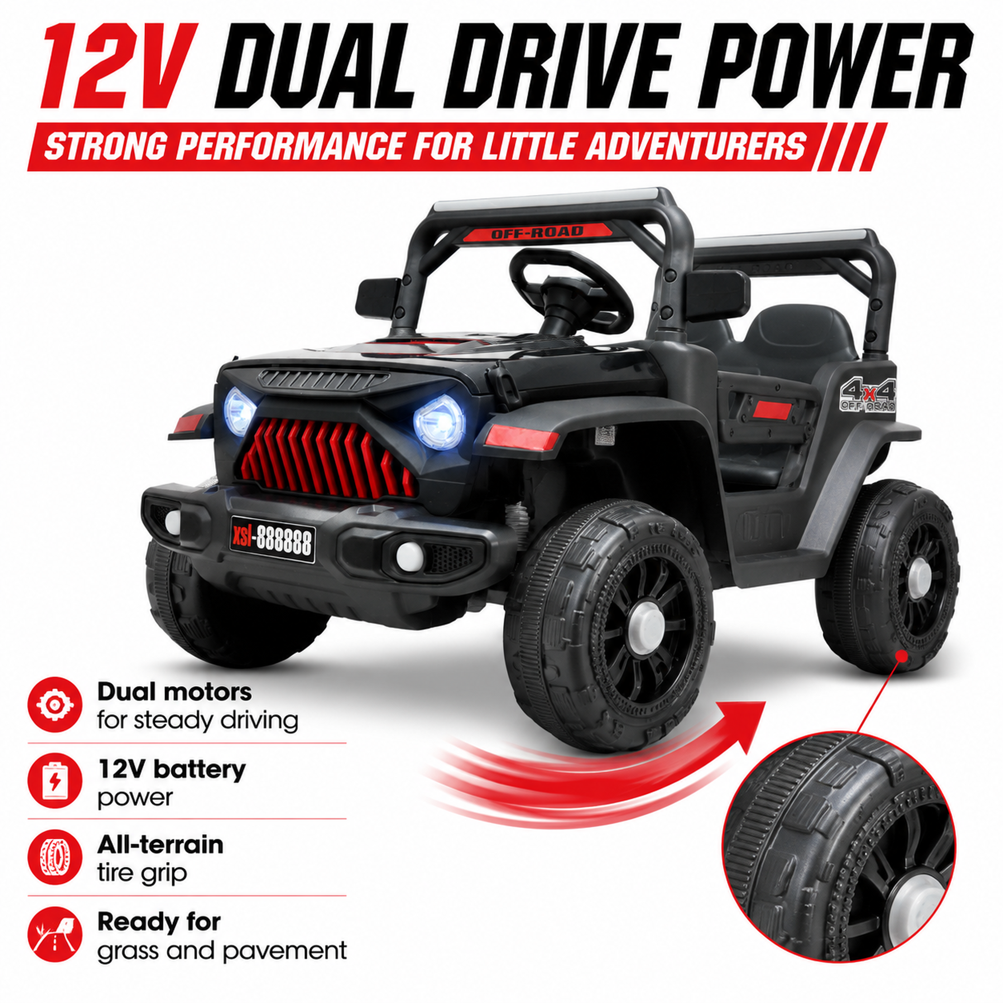 FUPOJH 12V Electric Ride-On Car for Kids | 2.4G Parental Remote Dual Motor 4WD | Bluetooth Music 4-Wheel Suspension | Soft Start All-Terrain Outdoor