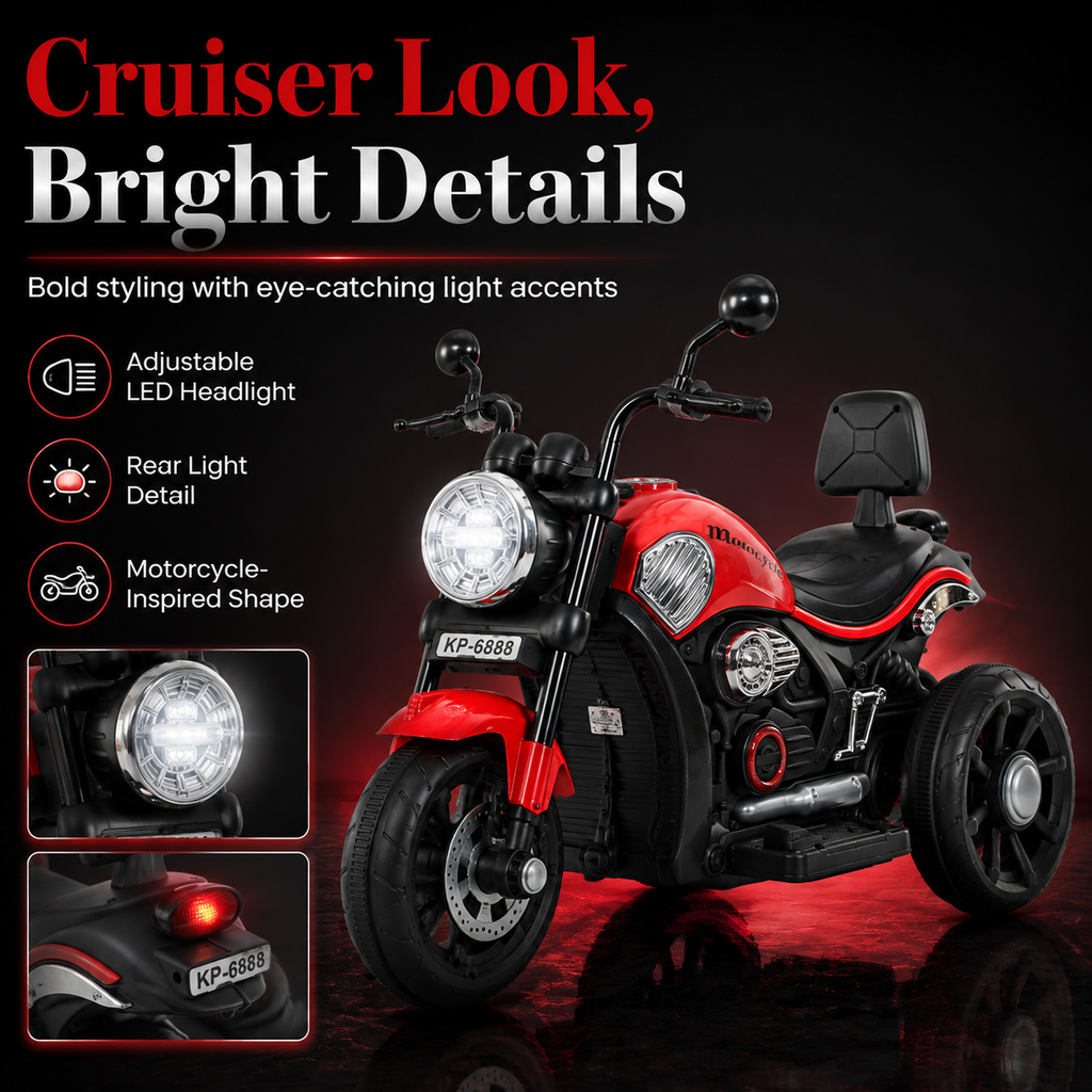 FUPOJH 12V Electric Motorcycle for Kids | 3-Wheel Anti-Tip Low Center Gravity | LED Headlights Horn Music Sound Effects | Pedal Control Outdoor Riding