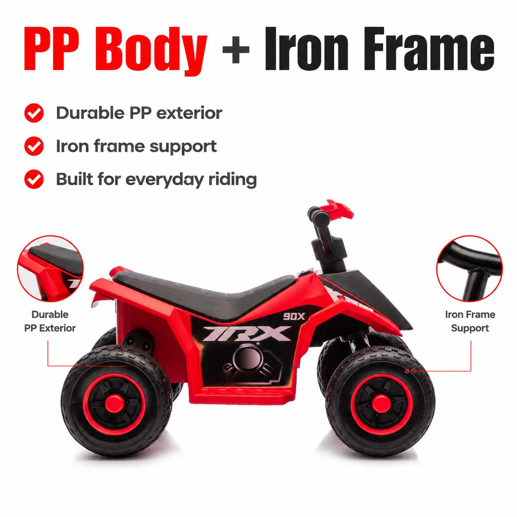 FUPOJH 6V Kids ATV Quad Ride-On | 4-Wheel Anti-Slip Deep Tread Tires | LED Headlights Music Sound Effects | Forward Reverse Pedal Control Indoor Outdoor