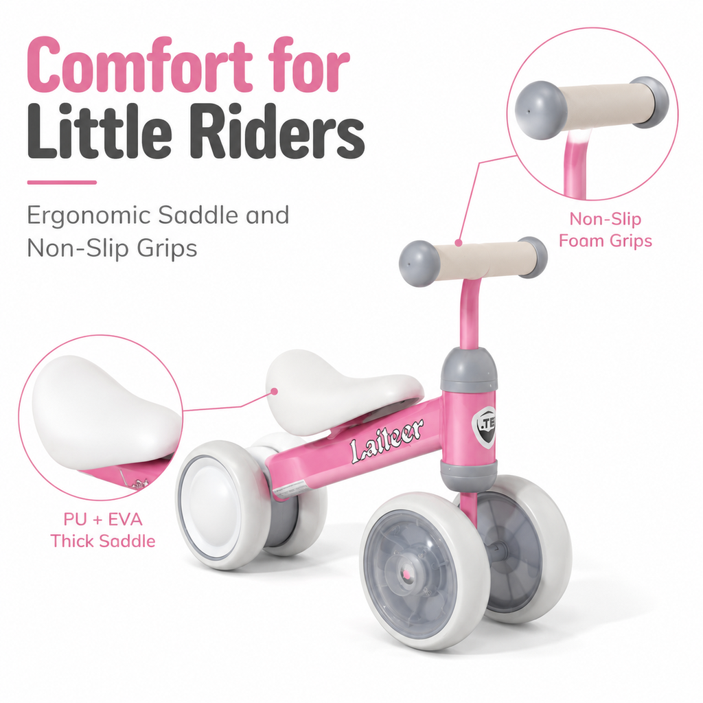 FUPOJH 4-Wheel Toddler Balance Bike with LED Light-Up Wheels | Thickened Steel Frame 135° Anti-Tip | PU+EVA Comfort Seat | Indoor Outdoor Riding