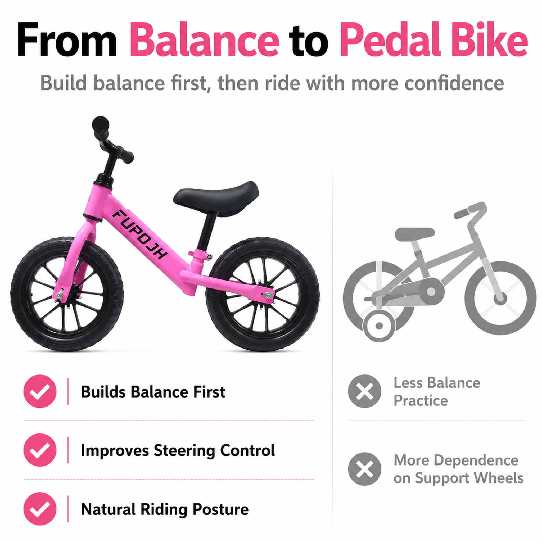 FUPOJH 12" Toddler Balance Bike with Light-Up Flash Wheels | Adjustable Seat & Handlebar Tool-Free | EVA Silent Tires Indoor Outdoor | Balance Training