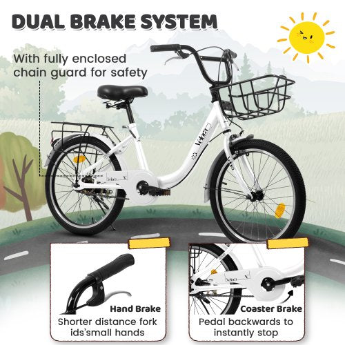 FUPOJH 20 Inch Kids Bike with Basket & Rear Rack, Unisex,Coaster & V-Brakes,Lightweight Steel Frame,Ages 8-12