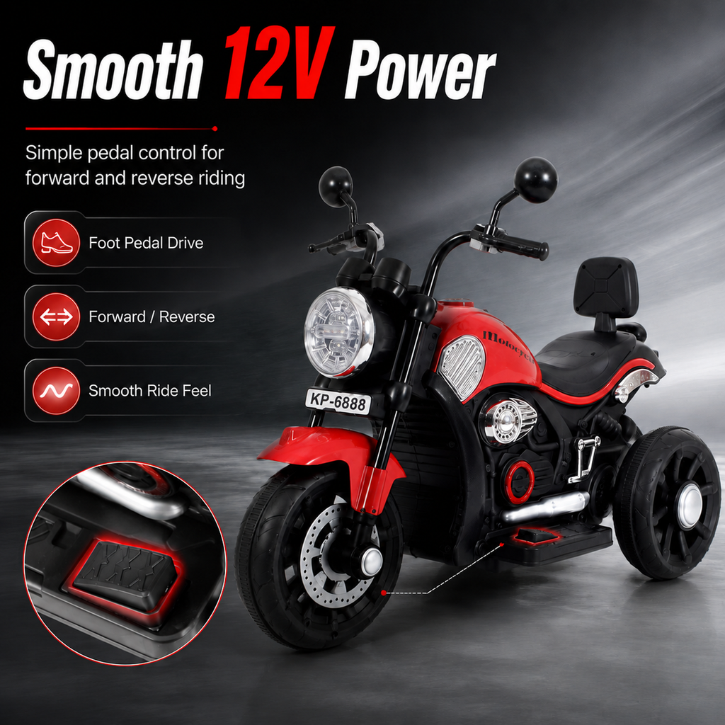 FUPOJH 12V Electric Motorcycle for Kids | 3-Wheel Anti-Tip Low Center Gravity | LED Headlights Horn Music Sound Effects | Pedal Control Outdoor Riding