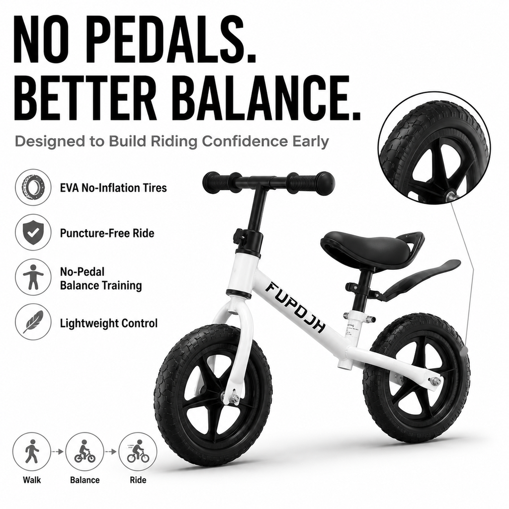 FUPOJH 12" Balance Bike for Toddlers | Adjustable Seat & Handlebar Tool-Free Design | EVA Silent Puncture-Proof Tires | Indoor Outdoor Balance Training