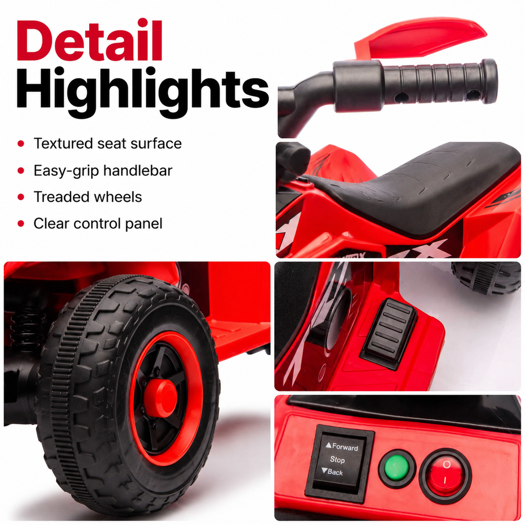 FUPOJH 6V Kids ATV Quad Ride-On | 4-Wheel Anti-Slip Deep Tread Tires | LED Headlights Music Sound Effects | Forward Reverse Pedal Control Indoor Outdoor