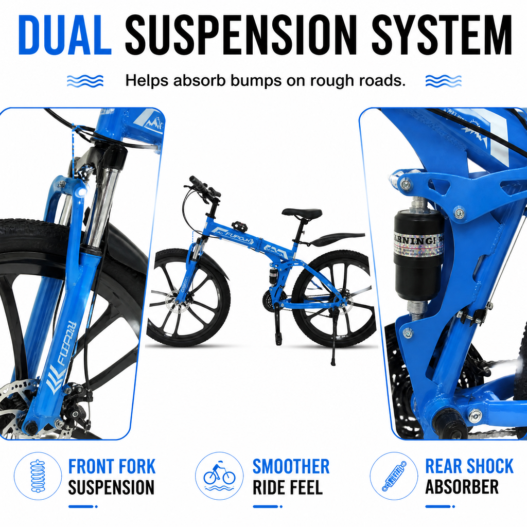 FUPOJH 26" Folding Bike 21-Speed Dual Disc Brake | 26 Inch Bike Foldable Bike for Adults Suspension | Outroad Mountain Bike Gravel Bike Bicycle for Adults Commute Off-Road