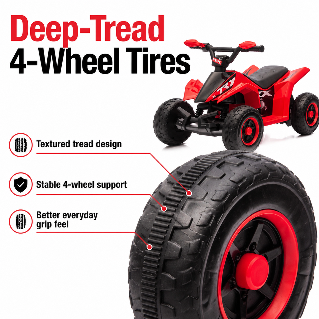 FUPOJH 6V Kids ATV Quad Ride-On | 4-Wheel Anti-Slip Deep Tread Tires | LED Headlights Music Sound Effects | Forward Reverse Pedal Control Indoor Outdoor
