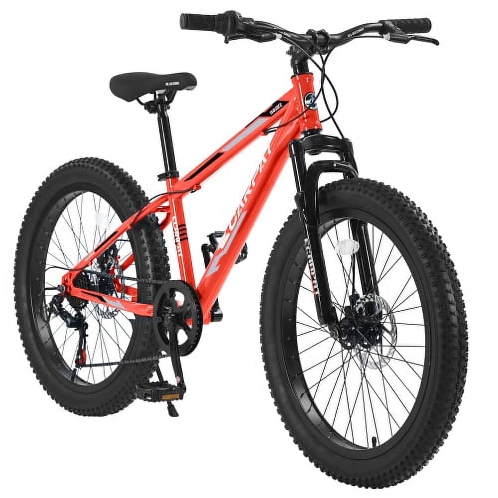FUPOJH 24 Inch Fat Tire Mountain Bike,Shimano 7-Speed,Dual Disc Brakes,for Teens 8-14