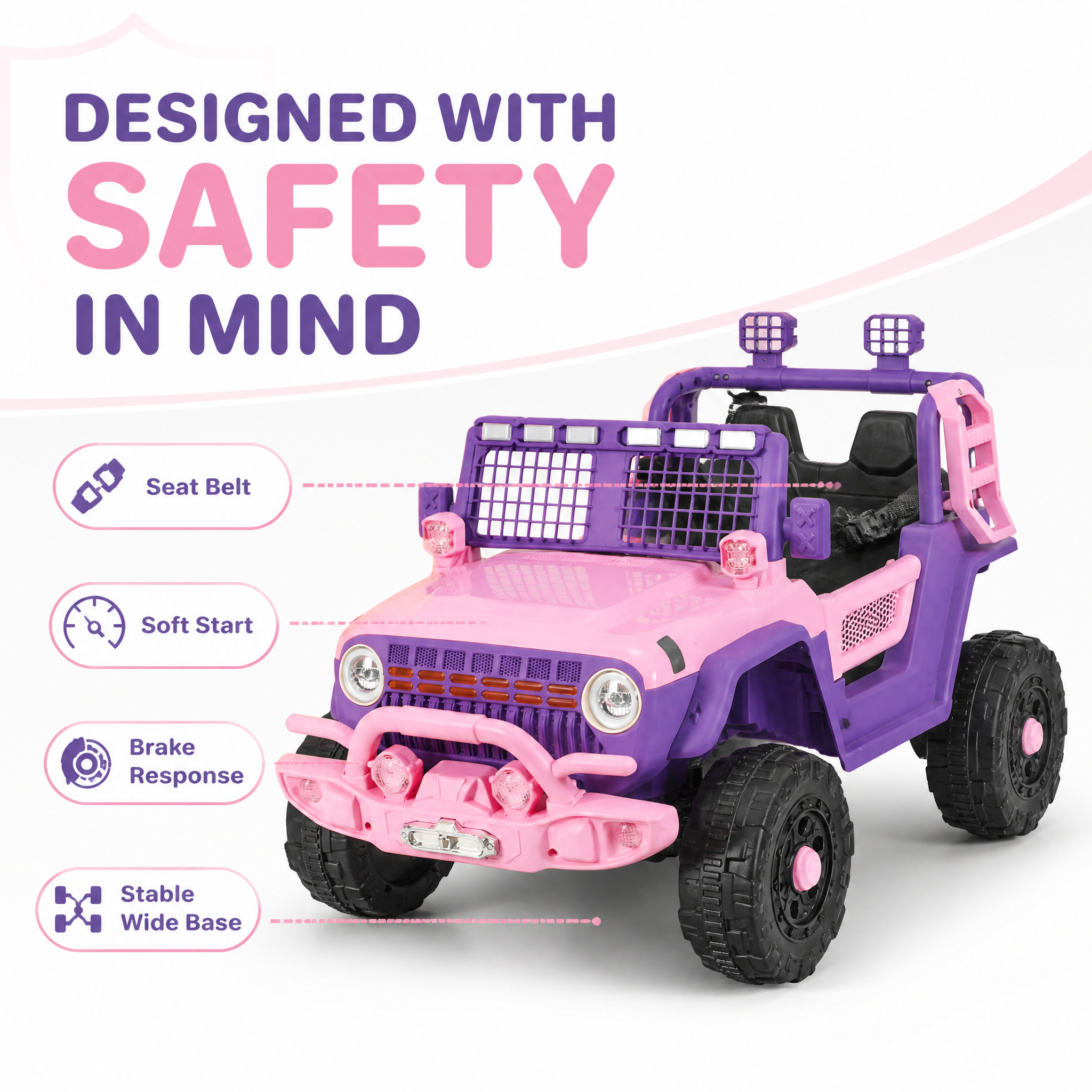 FUPOJH 12V Electric Jeep for Kids | 2.4G Parental Remote Dual Motor 4WD | Bluetooth Music 4-Wheel Suspension Seatbelt | Soft Start All-Terrain