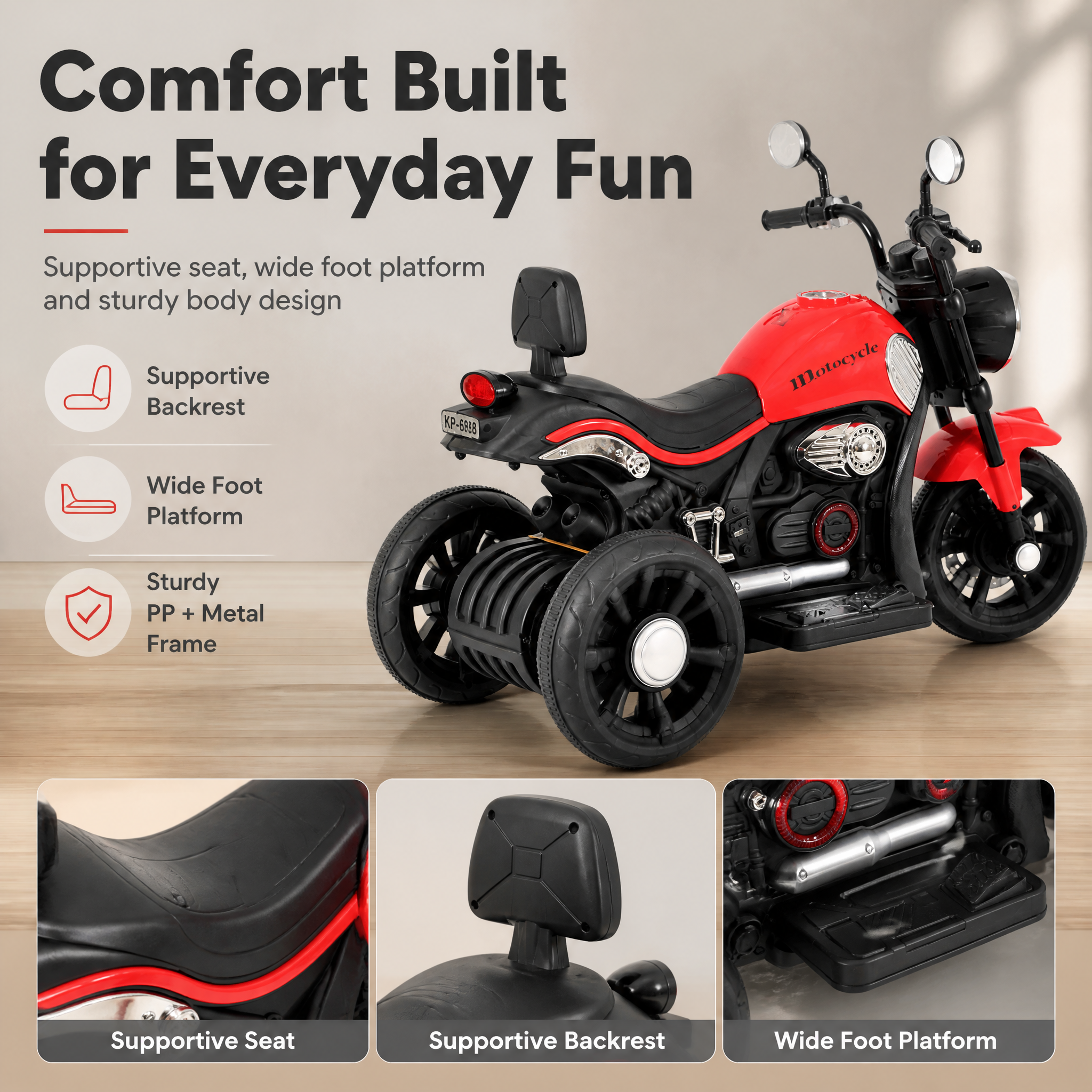 FUPOJH 12V Electric Motorcycle for Kids | 3-Wheel Anti-Tip Low Center Gravity | LED Headlights Horn Music Sound Effects | Pedal Control Outdoor Riding