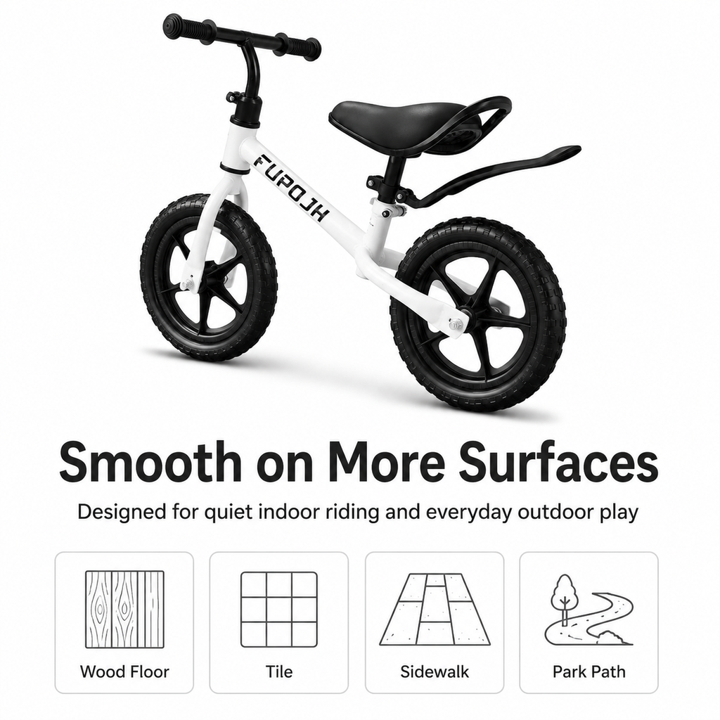 FUPOJH 12" Balance Bike for Toddlers | Adjustable Seat & Handlebar Tool-Free Design | EVA Silent Puncture-Proof Tires | Indoor Outdoor Balance Training