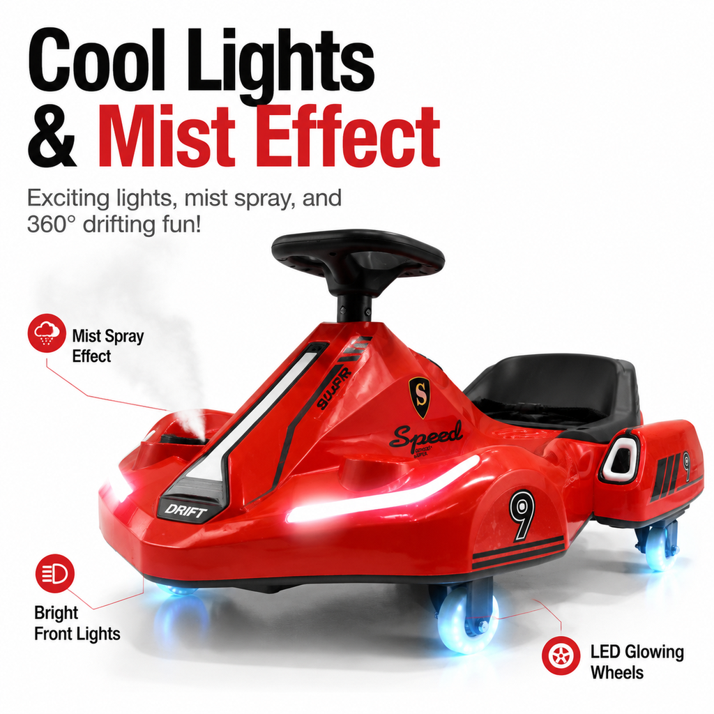 FUPOJH Electric Drift Car 12V 360° Spin | Dual Mode Electric + Manual Ride | Bluetooth Music Spray LED Light Wheels | 550 Motor Dual Speed Indoor Outdoor