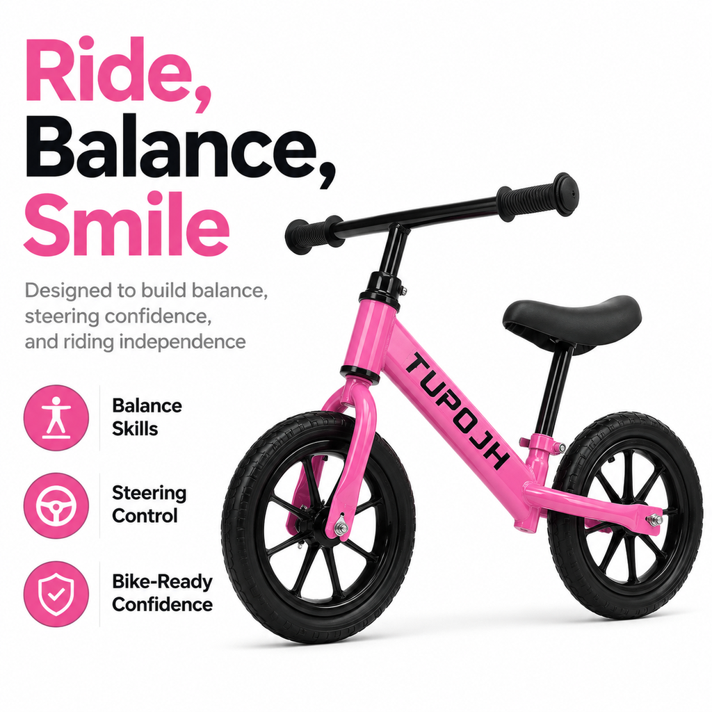 FUPOJH 12" Toddler Balance Bike with Light-Up Flash Wheels | Adjustable Seat & Handlebar Tool-Free | EVA Silent Tires Indoor Outdoor | Balance Training
