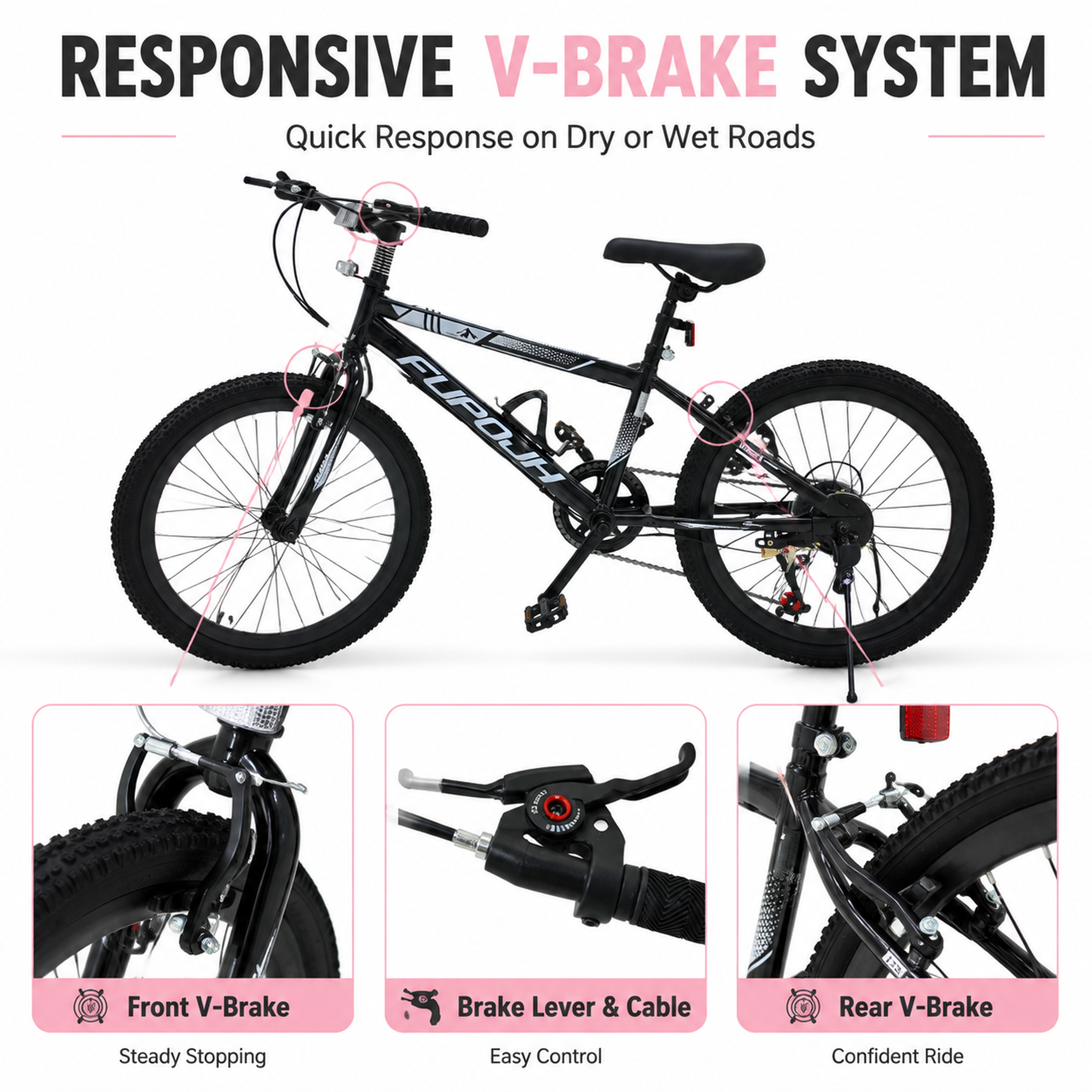 FUPOJH 20" Bike 7-Speed V-Brake | Mountain Bike 20 Inch Bike Anti-Slip Off-Road Tires | Bicycle for teenagers and adults Adjustable Seat All-Terrain Outdoor Riding