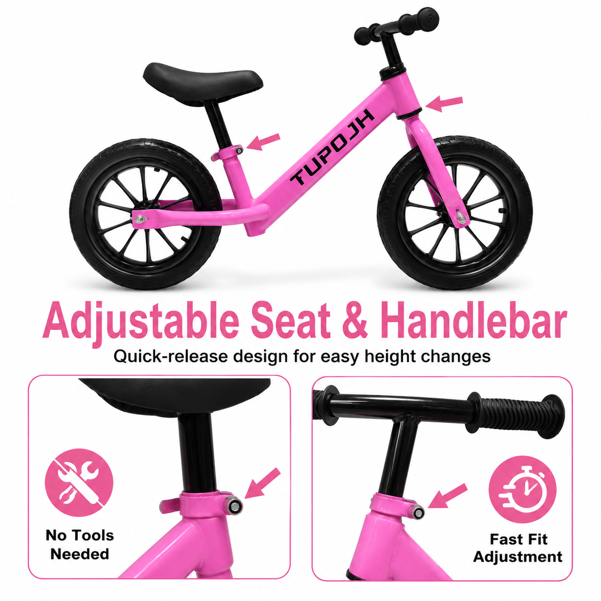 FUPOJH 12" Toddler Balance Bike with Light-Up Flash Wheels | Adjustable Seat & Handlebar Tool-Free | EVA Silent Tires Indoor Outdoor | Balance Training