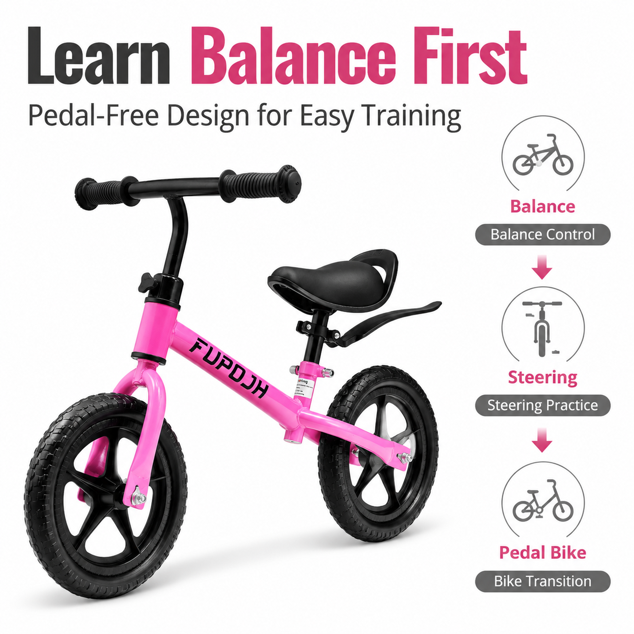 FUPOJH 12" Toddler Bike | Balance Bike | Adjustable Seat Handlebar Tool-Free | EVA Silent Tires | Kids Bike & Bikes Indoor Outdoor