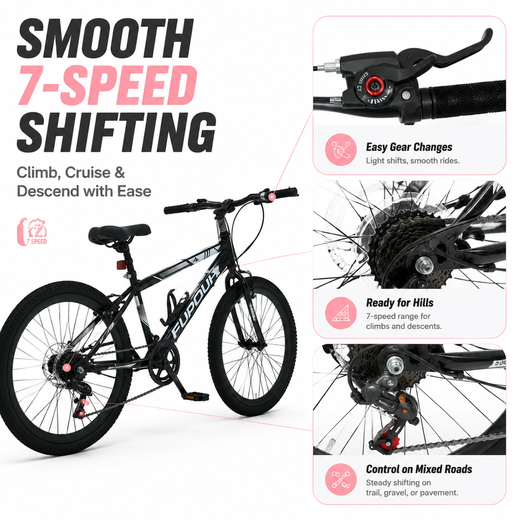 FUPOJH 24" Bike 7-Speed V-Brake | Mountain Bike Anti-Slip Off-Road Tires | Bicycle for Kids Adjustable Seat All-Terrain Outdoor Riding
