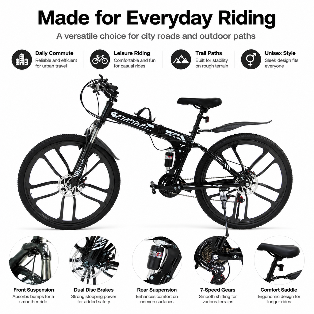 FUPOJH-801 26" Folding Bike 21-Speed Dual Disc Brake | 26 Inch Bike Foldable Bike for Adults Suspension | Outroad Mountain Bike Gravel Bike Bicycle for Adults Commute Off-Road
